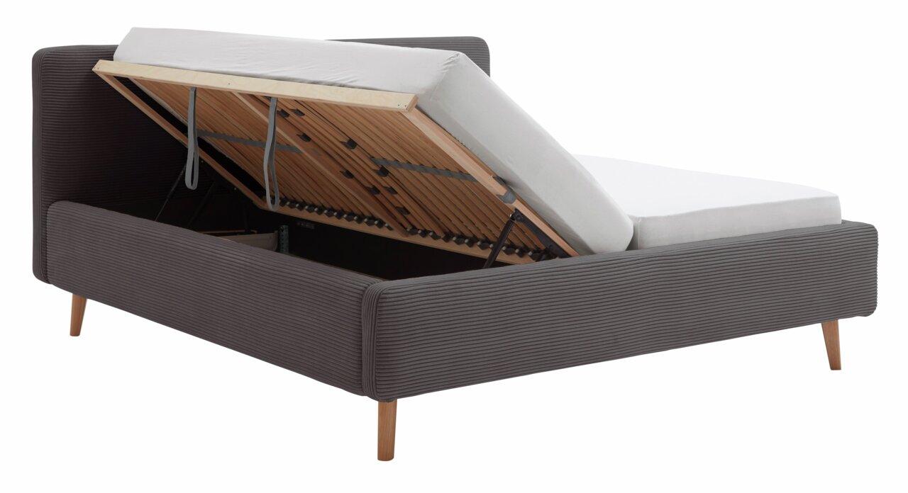 Polsterbett mit hochgeklappter Matratze und Stauraum, seitliche Perspektive