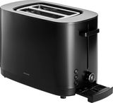 Schwarzer Toaster mit zwei Schlitzen, seitlicher Ansicht, mit Bedienelementen und herausziehbarem Krümelblech.