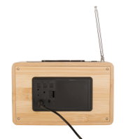 Rückansicht eines Radioweckers mit Holzgehäuse und ausziehbarer Antenne.