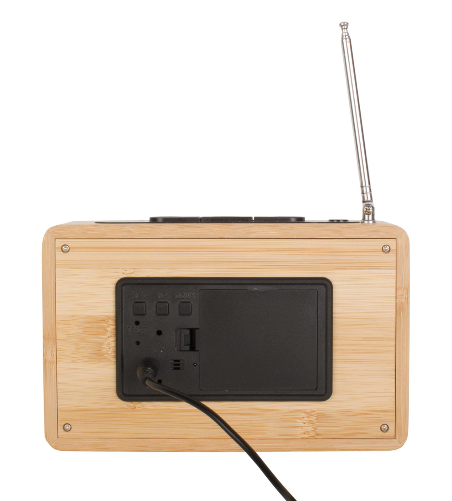 Achterkant van een wekkerradio met houten behuizing en uitschuifbare antenne.