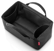 Schwarzer Organizer mit mehreren Fächern und Reißverschluss, von oben fotografiert.