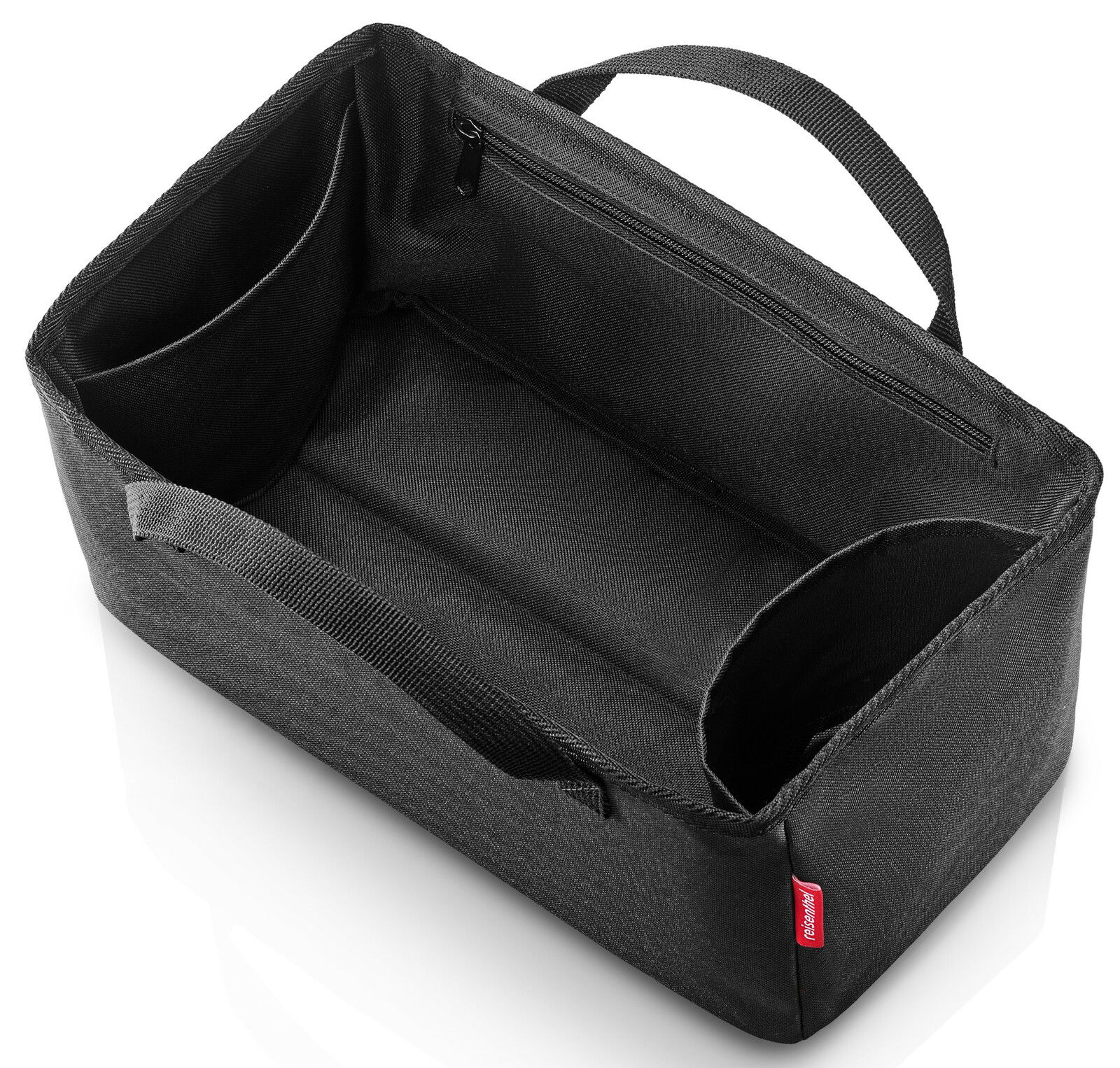 Schwarzer Organizer mit mehreren Fächern und Reißverschluss, von oben fotografiert.