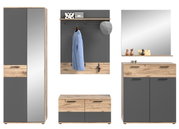Garderobenkombination in Holzoptik und Grau, bestehend aus einem hohen Schrank mit Spiegel, einer Wandgarderobe mit Ablage und Haken, einer Sitzbank mit Stauraum und einem Spiegel mit Ablage. Frontalansicht.