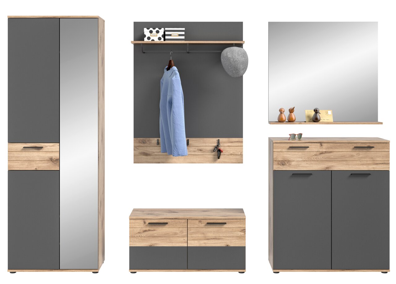 Garderobenkombination in Holzoptik und Grau, bestehend aus einem hohen Schrank mit Spiegel, einer Wandgarderobe mit Ablage und Haken, einer Sitzbank mit Stauraum und einem Spiegel mit Ablage. Frontalansicht.