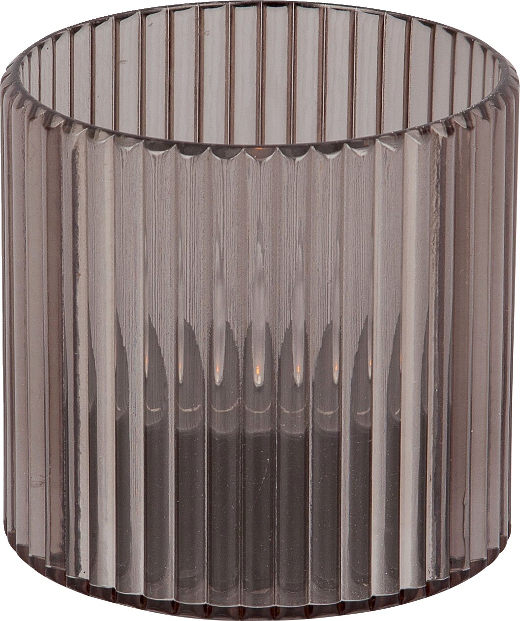 Zylindrisches, geriffeltes Glasobjekt in Nahaufnahme, frontal betrachtet.