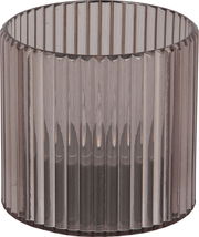 Zylindrisches, geriffeltes Glasobjekt in Nahaufnahme, frontal betrachtet.