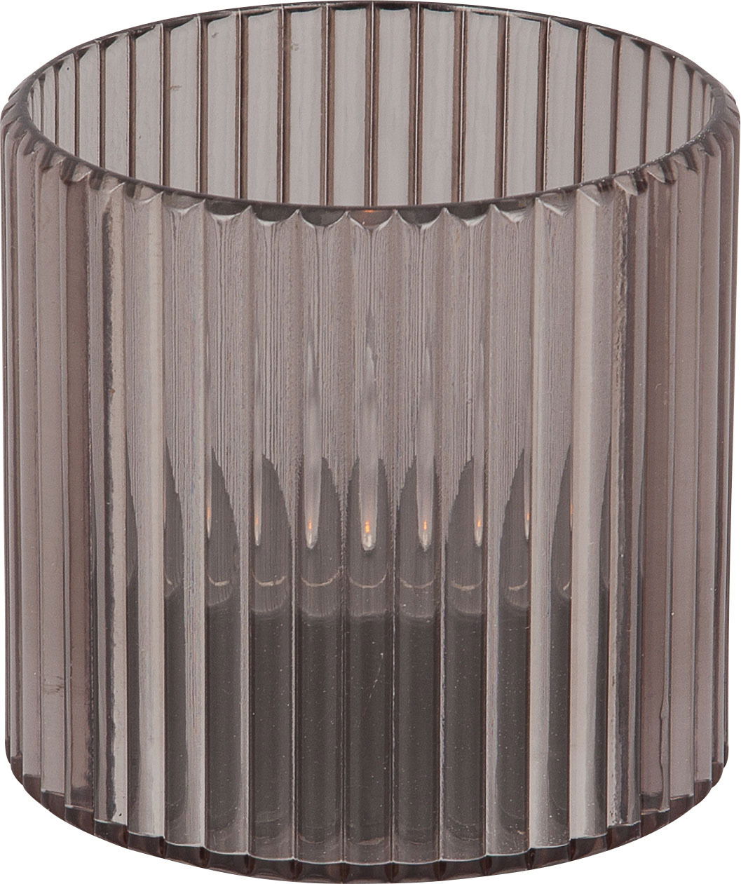 Zylindrisches, geriffeltes Glasobjekt in Nahaufnahme, frontal betrachtet.