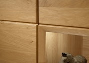 Close-up van een wandcombinatie van licht hout met zichtbare nerf en een decoratief beeldhouwwerk aan de onderkant.