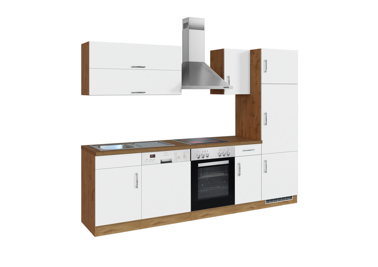 Held Möbel Küchenzeile SORRENTO Moderne Küchenzeile in Weiß und Holzoptik mit integriertem Herd, Spüle und Dunstabzugshaube, seitliche Perspektive