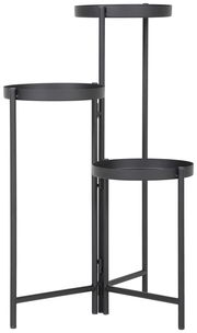 Moderner schwarzer Blumenständer mit drei Ebenen, seitliche Perspektive