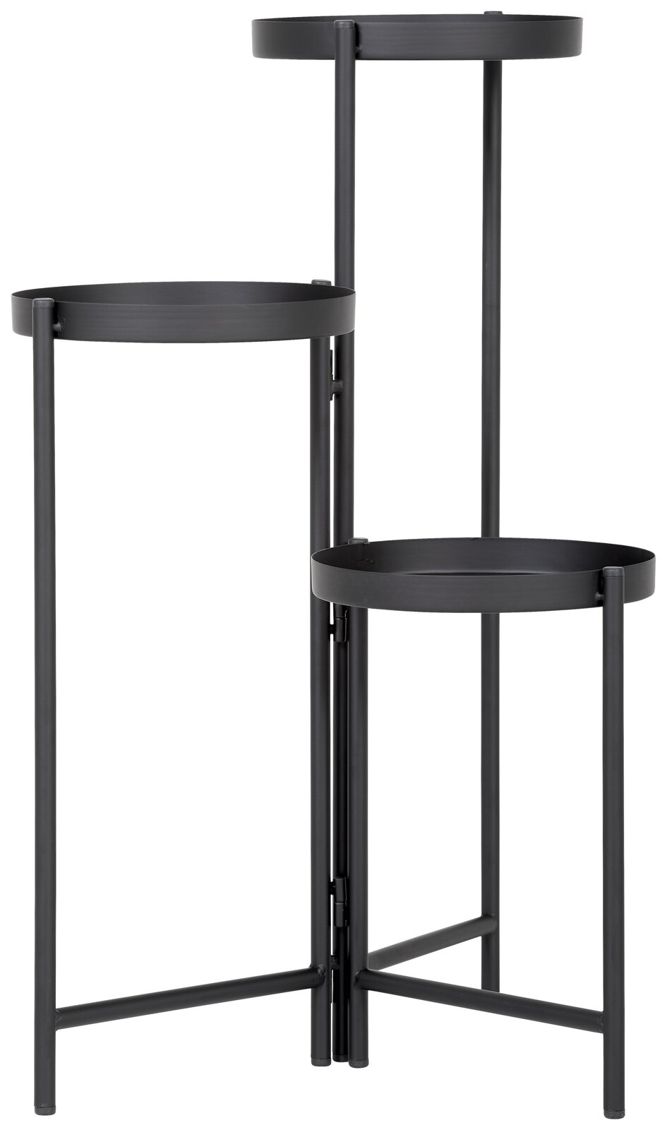 Moderner schwarzer Blumenständer mit drei Ebenen, seitliche Perspektive