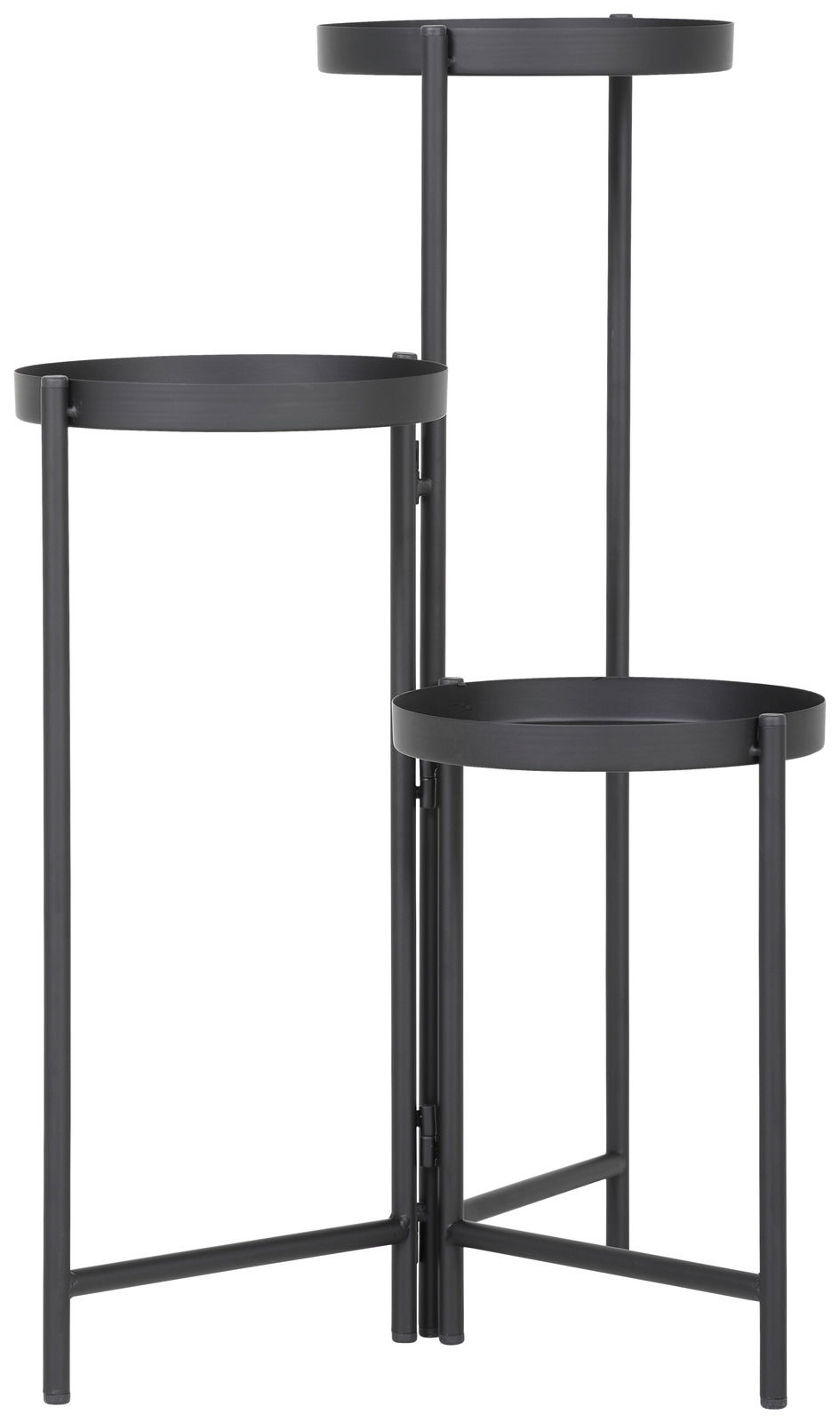 Moderner schwarzer Blumenständer mit drei Ebenen, seitliche Perspektive