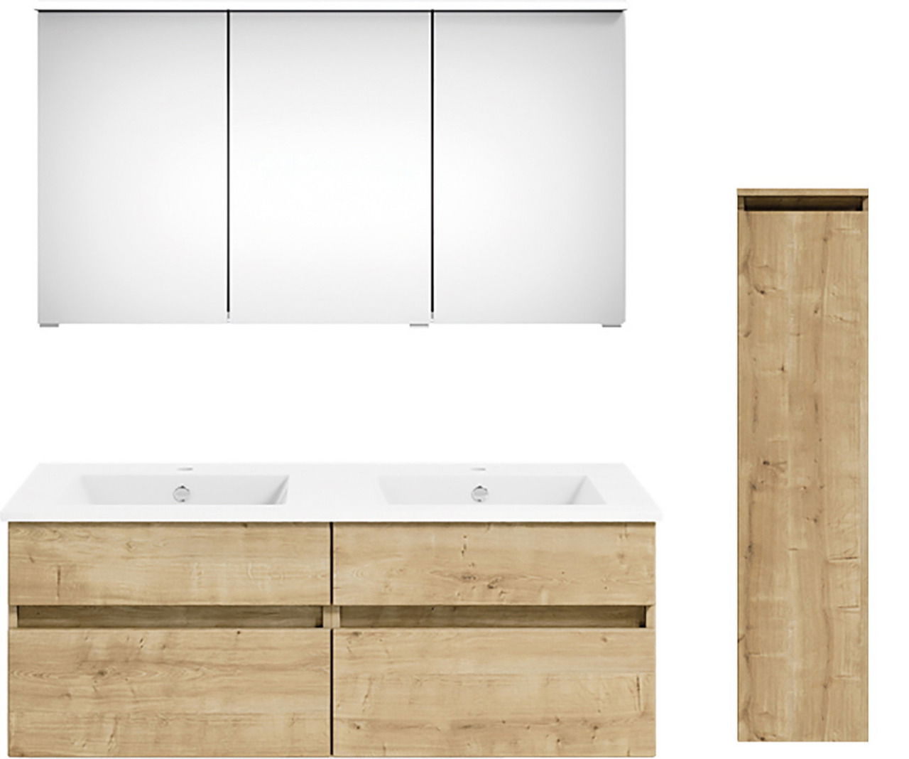 Moderne Badkombination mit Spiegelschrank, Doppelwaschbecken und Holzschränken, Frontalansicht