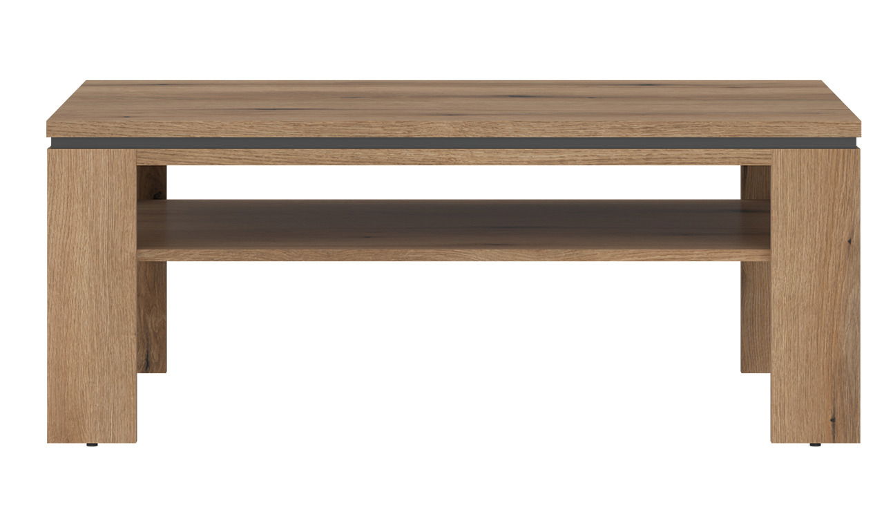 Moderner Couchtisch aus Holz in Eichenoptik mit zusätzlicher Ablagefläche, Frontalansicht.