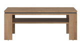 Moderner Couchtisch aus Holz in Eichenoptik mit zusätzlicher Ablagefläche, Frontalansicht.