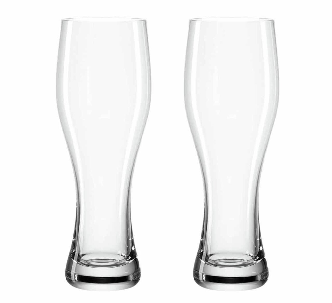 Zwei Weizenbiergläser, 330ml, aus klarem Glas, frontalansicht.