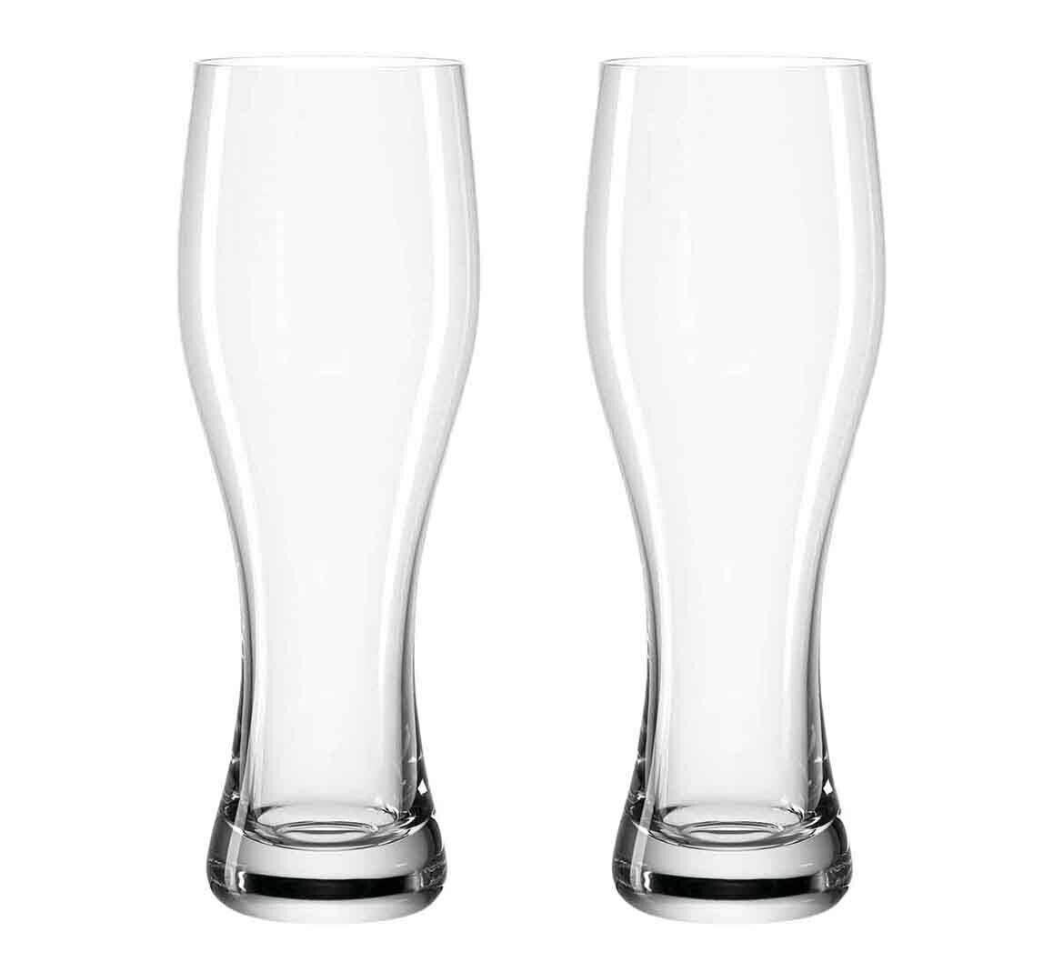 Zwei Weizenbiergläser, 330ml, aus klarem Glas, frontalansicht.