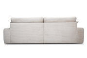 Rückansicht eines großen, hellen Sofas mit breiten Armlehnen und zwei Rückenpolstern.