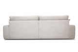 Rückansicht eines großen, hellen Sofas mit breiten Armlehnen und zwei Rückenpolstern.