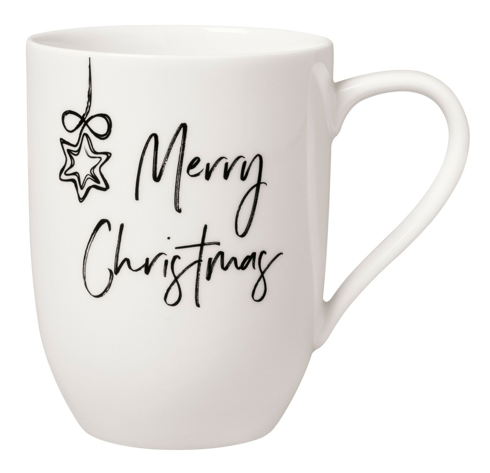 Weiße Tasse mit der Aufschrift 'Merry Christmas' und einem Sternmotiv, seitliche Perspektive