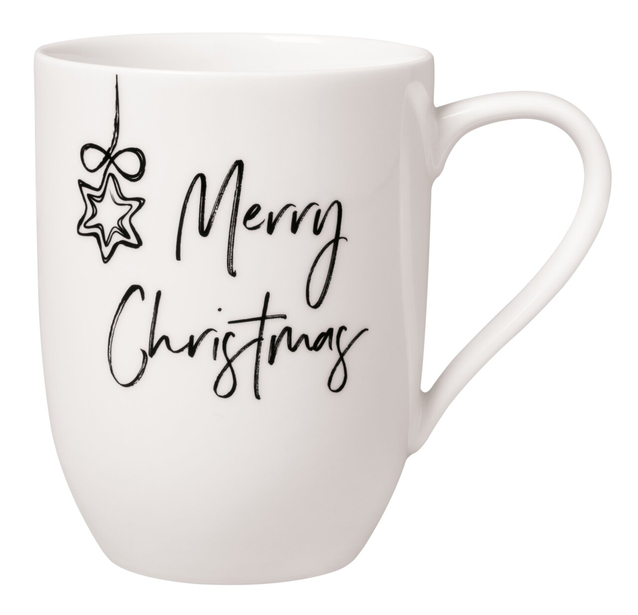 Weiße Tasse mit der Aufschrift 'Merry Christmas' und einem Sternmotiv, seitliche Perspektive
