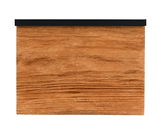 Frontale Ansicht einer Wandleuchte mit Holzoptik und schwarzem oberen Rand.