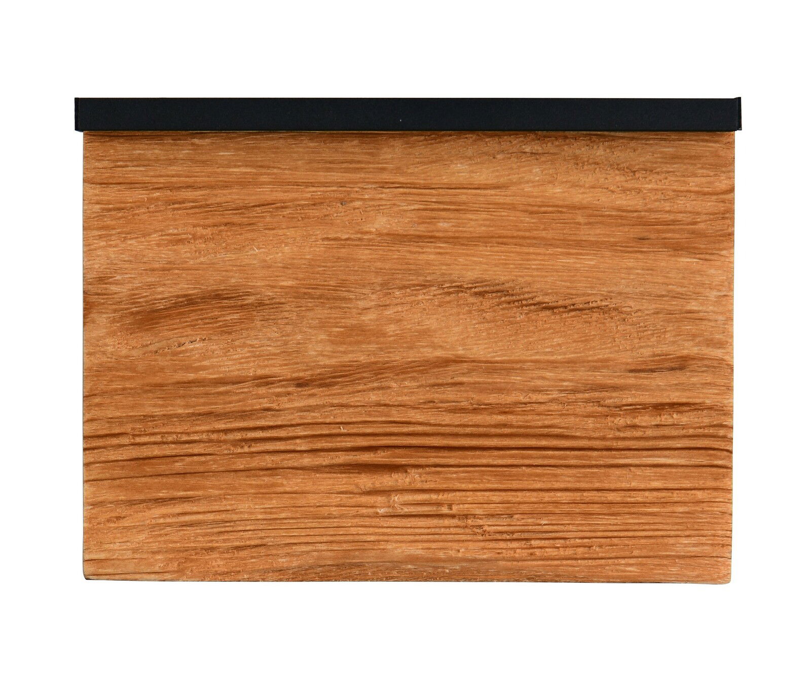 Frontale Ansicht einer Wandleuchte mit Holzoptik und schwarzem oberen Rand.