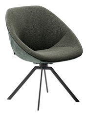 Moderner Stuhl mit grauem Stoffbezug und schwarzem Metallgestell, seitliche Perspektive