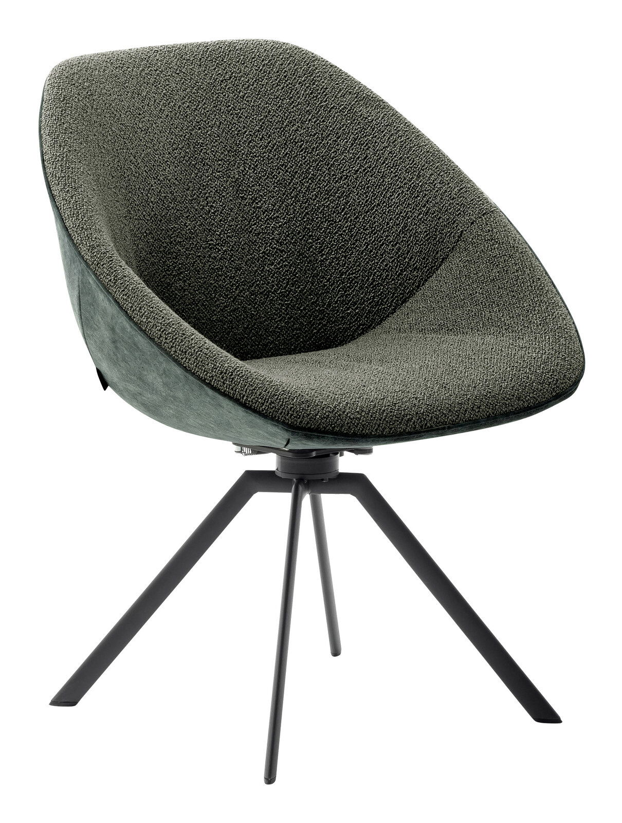 Moderner Stuhl mit grauem Stoffbezug und schwarzem Metallgestell, seitliche Perspektive