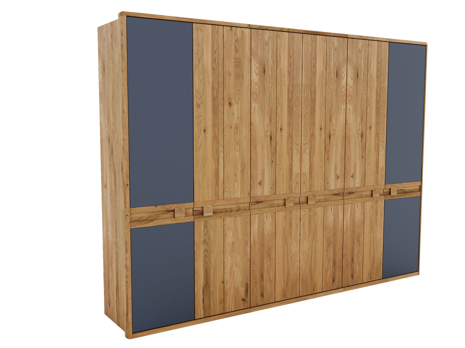 Sechstüriger Drehtürenschrank aus Holz mit blauen Akzenten, seitliche Perspektive