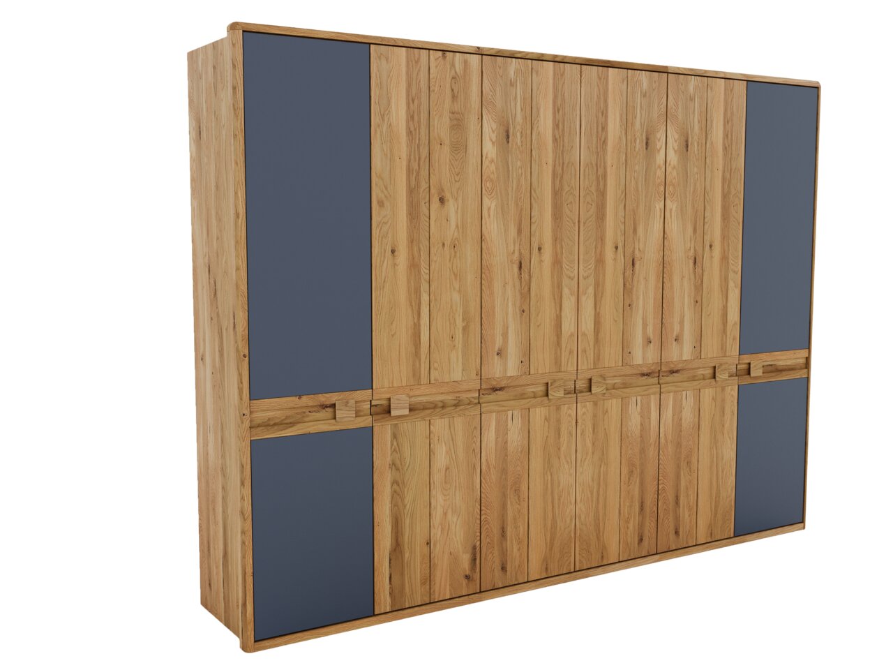 Linea Natura Drehtürenschrank 6-türig EPULO Sechstüriger Drehtürenschrank aus Holz mit blauen Akzenten, seitliche Perspektive