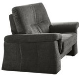 Grauer Sessel aus Stoff, seitliche Perspektive