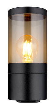 Moderne Außenleuchte mit schwarzem Gehäuse und transparentem Glas, seitliche Perspektive