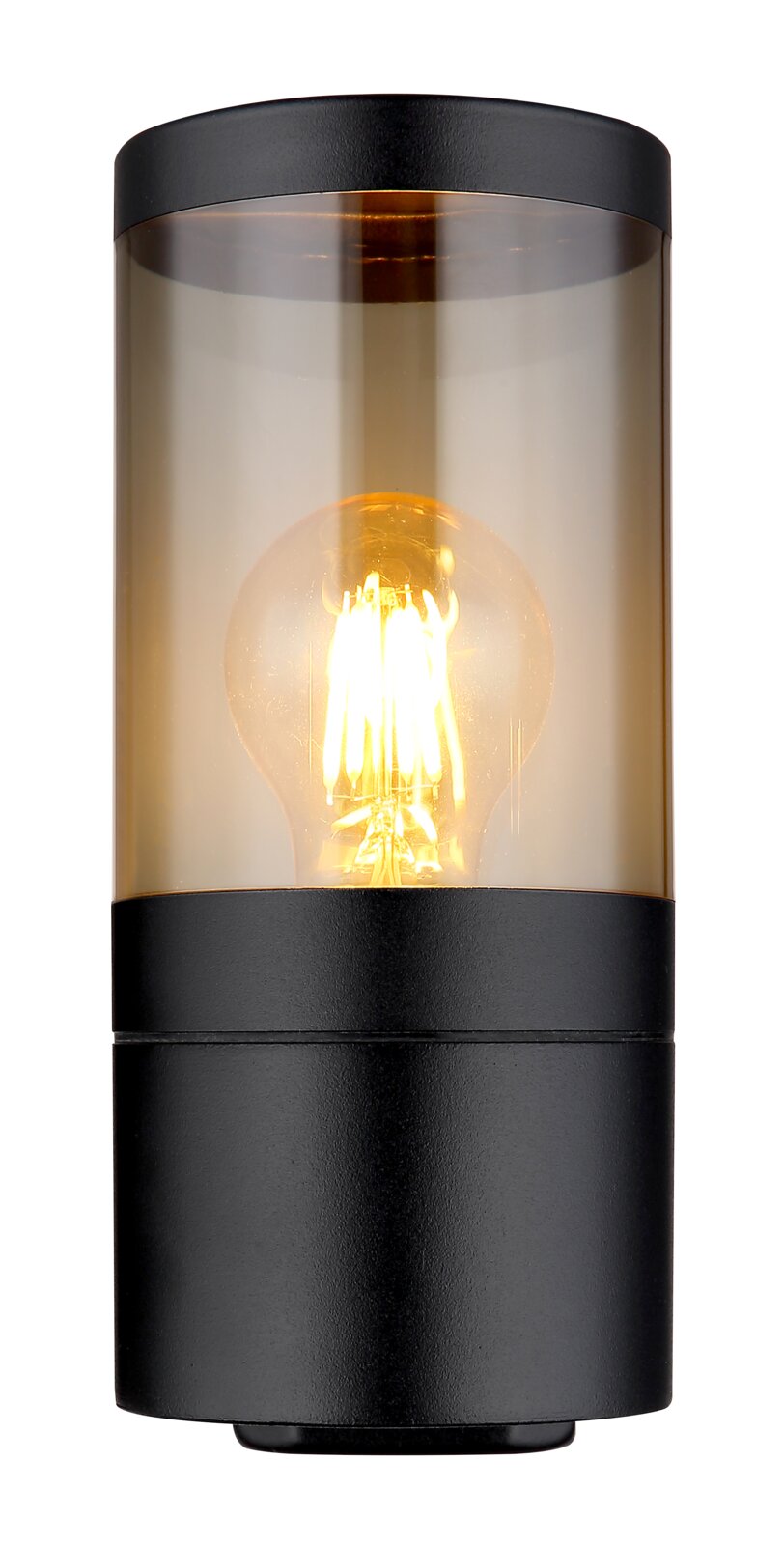 Moderne Außenleuchte mit schwarzem Gehäuse und transparentem Glas, seitliche Perspektive