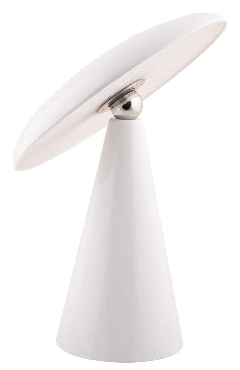 Seitliche Ansicht einer modernen, weißen LED Akku Tischleuchte mit konischem Sockel und schwenkbarem Lampenschirm.