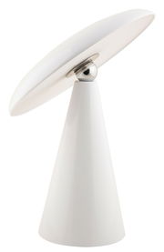 Seitliche Ansicht einer modernen, weißen LED Akku Tischleuchte mit konischem Sockel und schwenkbarem Lampenschirm.