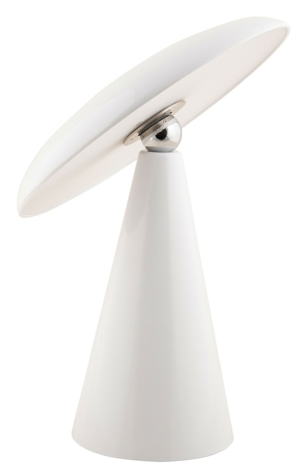 Seitliche Ansicht einer modernen, weißen LED Akku Tischleuchte mit konischem Sockel und schwenkbarem Lampenschirm.