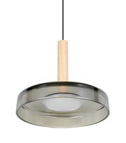 Moderne Pendelleuchte Celeste mit Holz- und Glaselementen, seitliche Perspektive