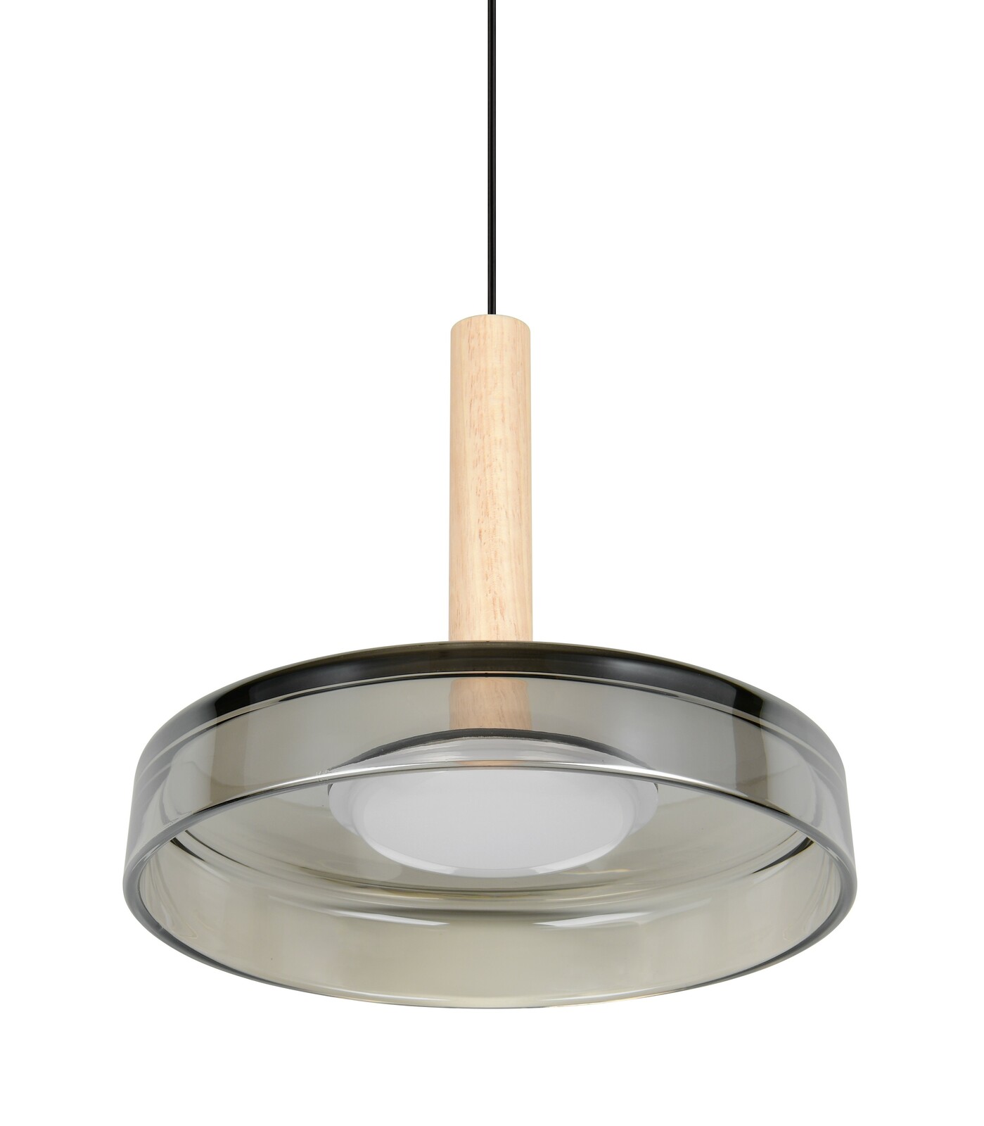 Moderne Pendelleuchte Celeste mit Holz- und Glaselementen, seitliche Perspektive