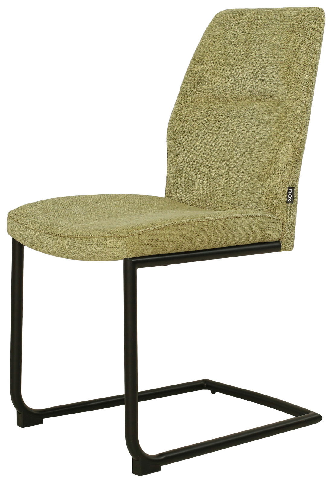 Moderner Freischwinger-Stuhl mit grünem Stoffbezug und schwarzem Metallgestell, seitliche Perspektive