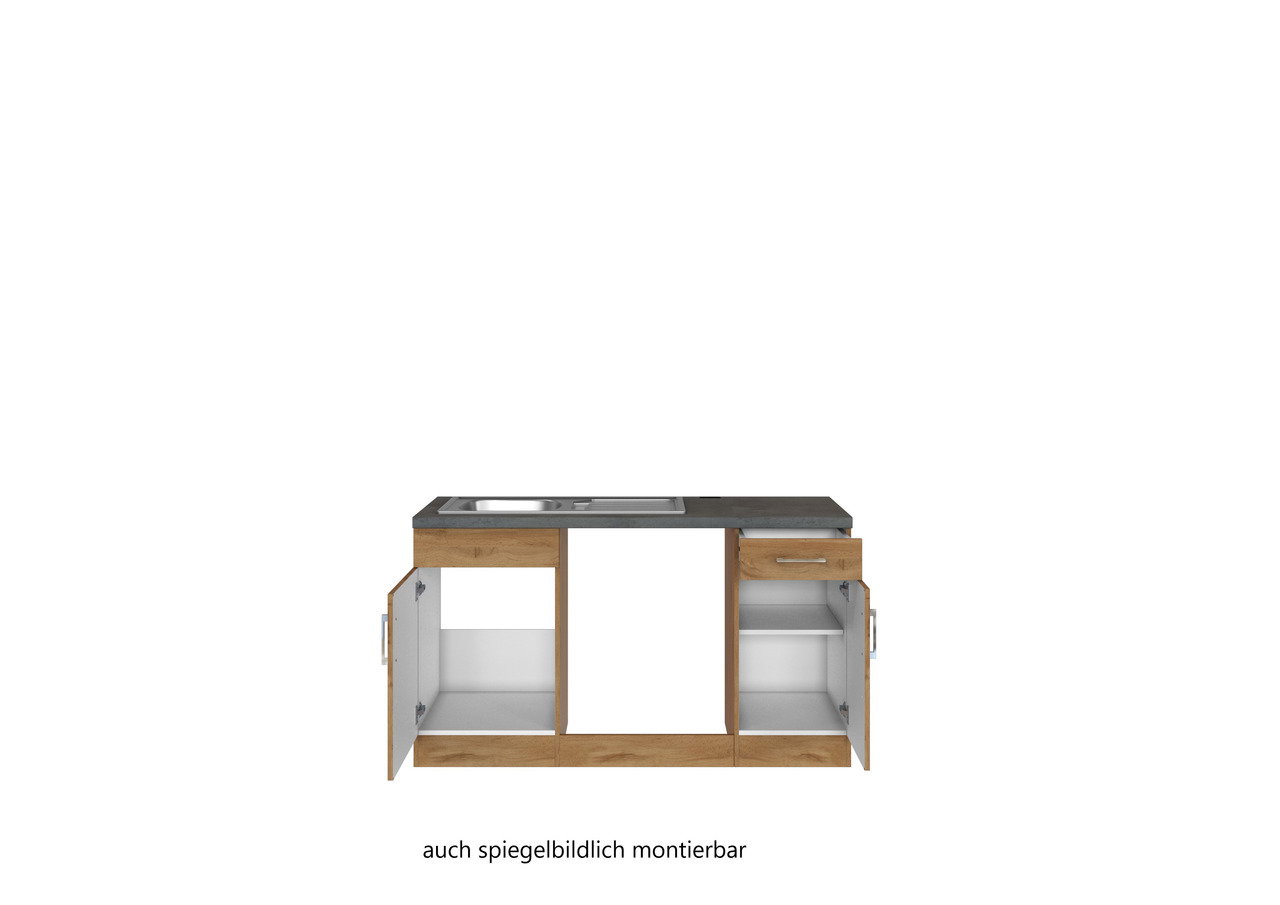 Frontansicht einer Eck-Küchenzeile mit Holzoptik und grauer Arbeitsplatte, offene Schränke und Schubladen, auch spiegelbildlich montierbar.