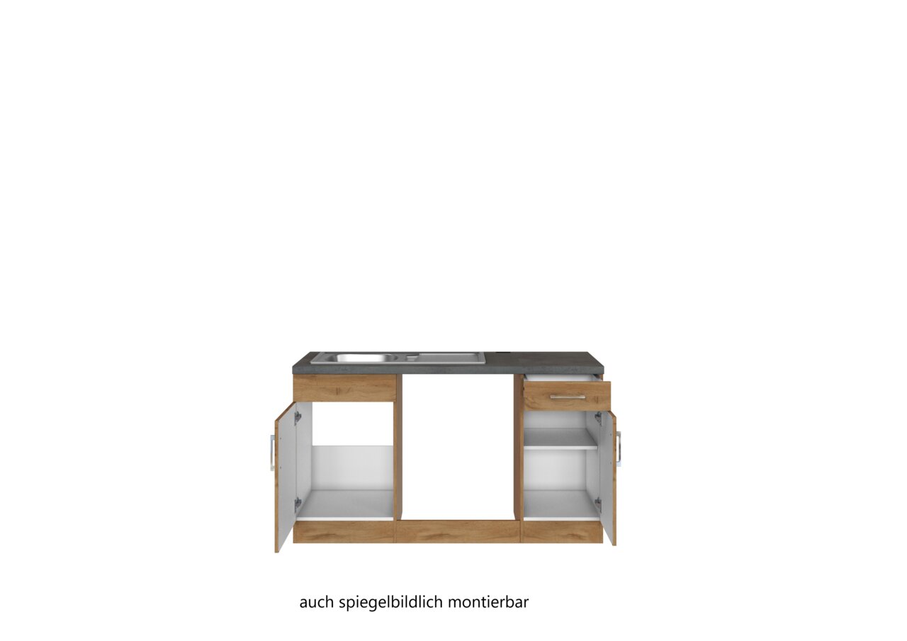 Frontansicht einer Eck-Küchenzeile mit Holzoptik und grauer Arbeitsplatte, offene Schränke und Schubladen, auch spiegelbildlich montierbar.