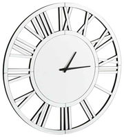 Moderne Wanduhr mit römischen Ziffern und silbernem Rahmen, seitliche Perspektive