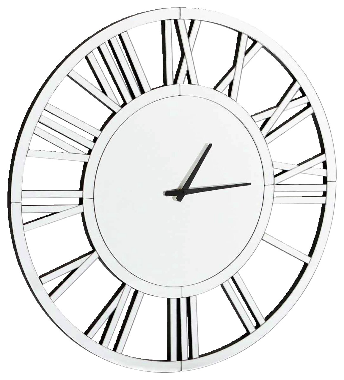 Moderne Wanduhr mit römischen Ziffern und silbernem Rahmen, seitliche Perspektive