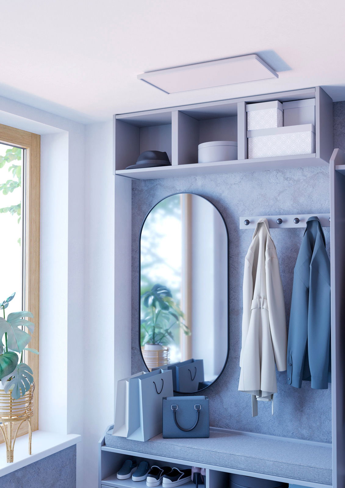 Moderne LED-Deckenleuchte ROVITO-Z in einem stilvollen Flur, von unten betrachtet.