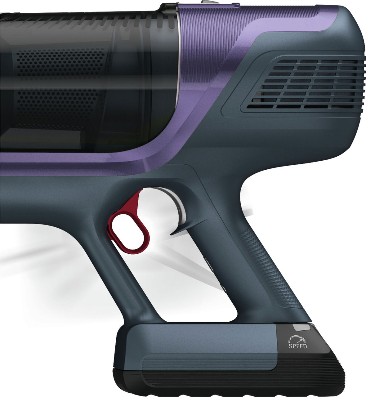 Nahaufnahme des Griffs eines Bodenstaubsaugers Expert 6.60 E in seitlicher Perspektive, mit ergonomischem Design und Geschwindigkeitsregler.