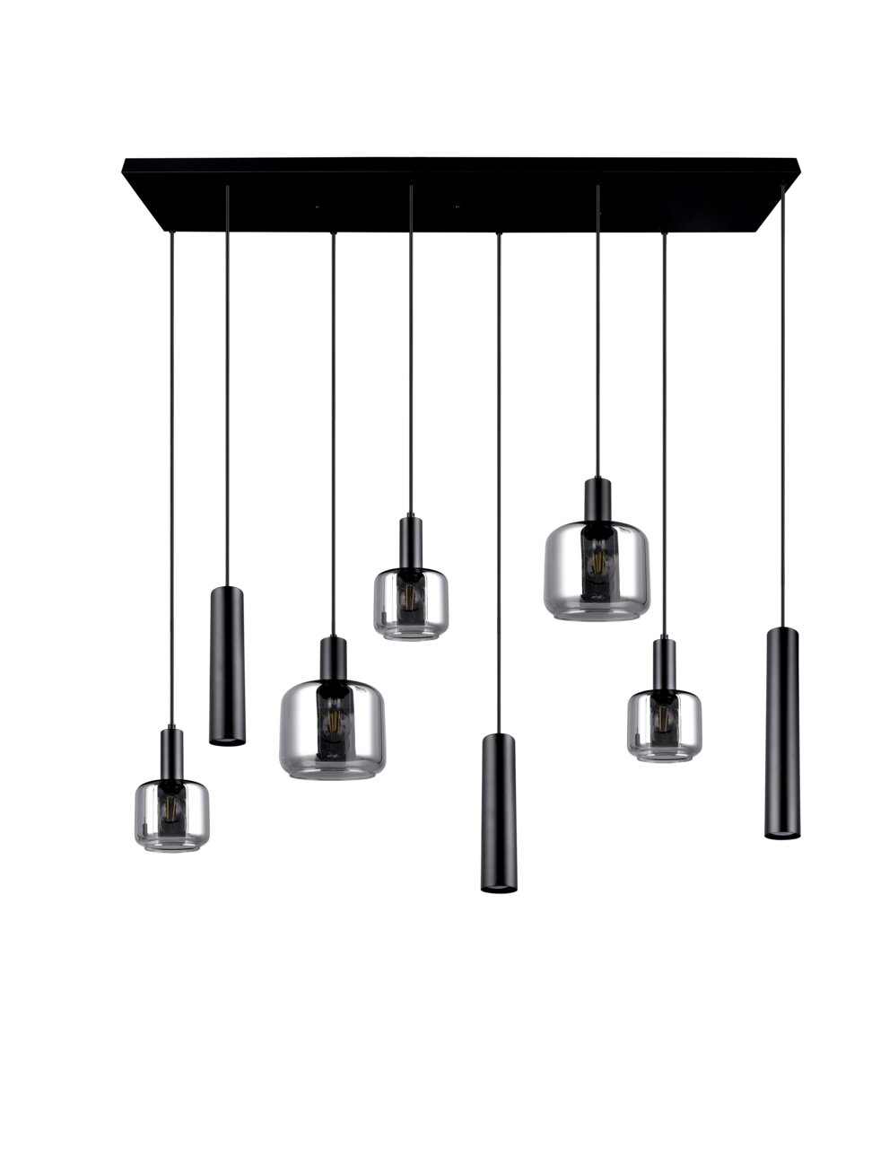 Moderne Pendelleuchte mit sechs hängenden Lampen in verschiedenen Formen, schwarze Aufhängung, seitliche Perspektive