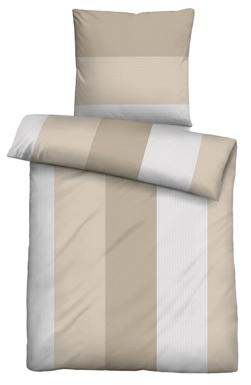 Bettwäsche-Set in Beige- und Weißtönen mit Streifenmuster, Ansicht von oben