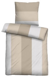 Beddengoedset in beige- en wittinten met streepmotief, gezien van bovenaf