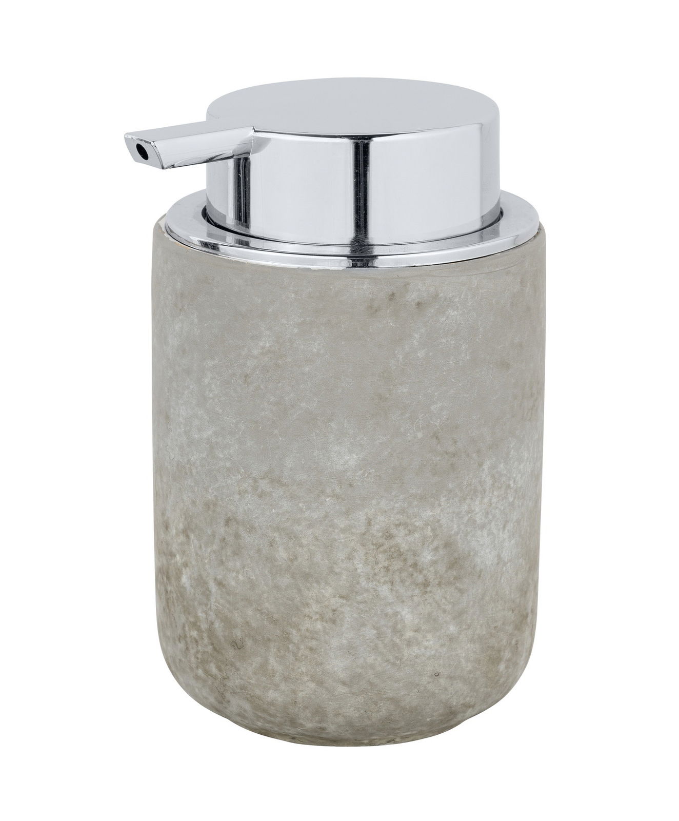 Keramik Seifenspender Londa in zylindrischer Form mit silbernem Pumpkopf, seitliche Perspektive